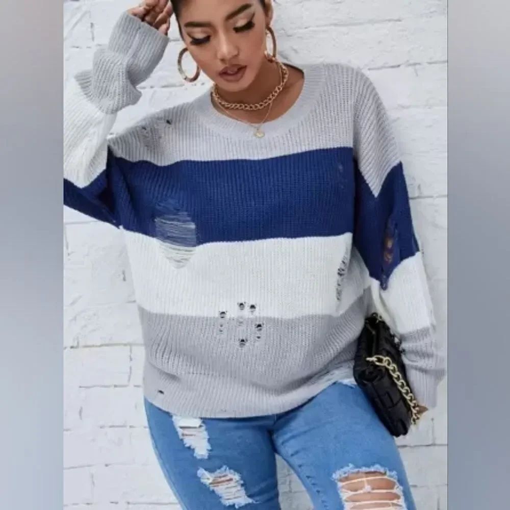 SHEIN Colorblock Distressed Sweater Plus Size 2 Xl
